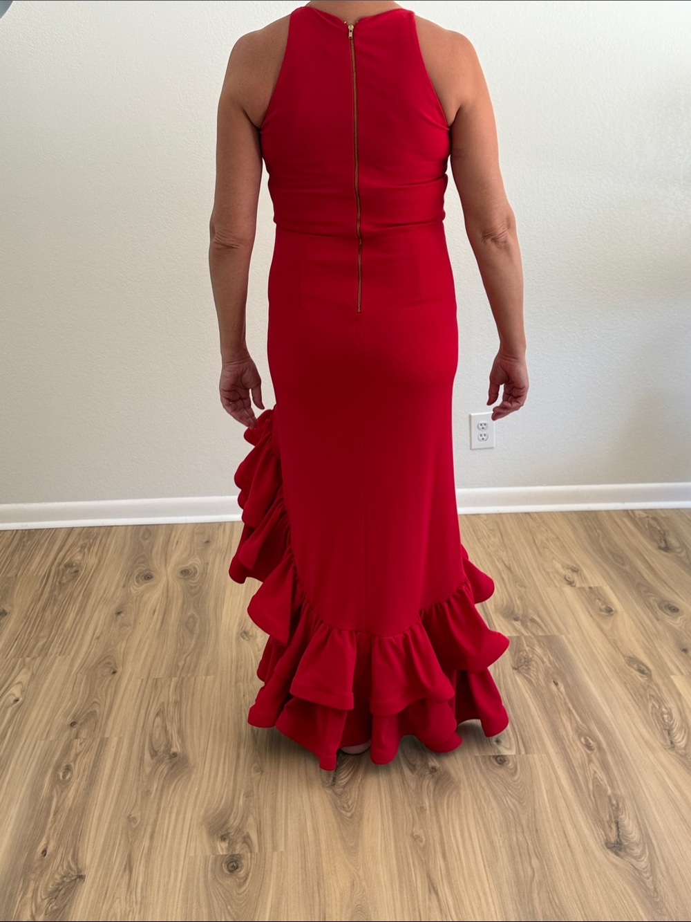 Red Halter High-Low Scuba Ruffle Evening Dress - Picture 4 of 6